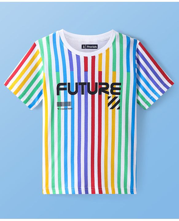 Pine Kids Cotton Knit Half Sleeves Striped T-Shirt With Text Print - White