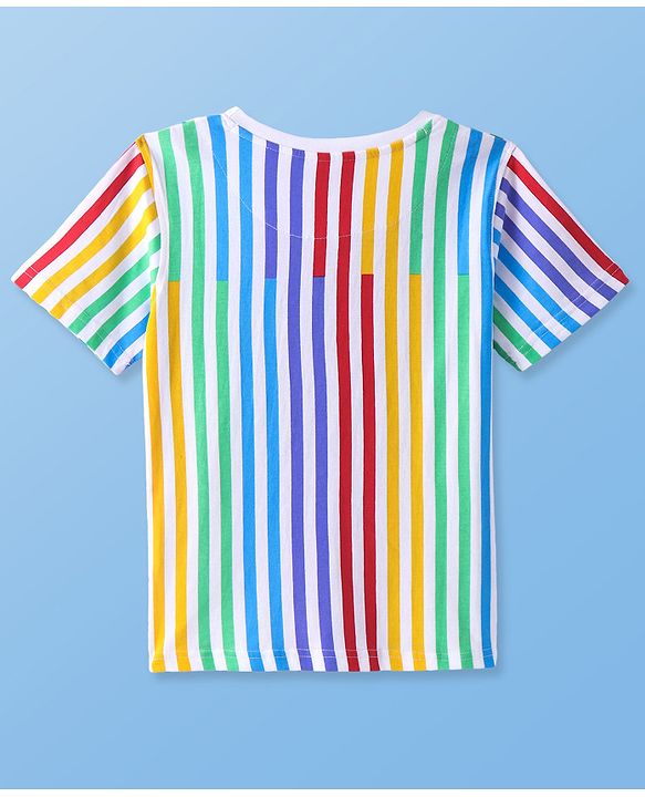 Pine Kids Cotton Knit Half Sleeves Striped T-Shirt With Text Print - White