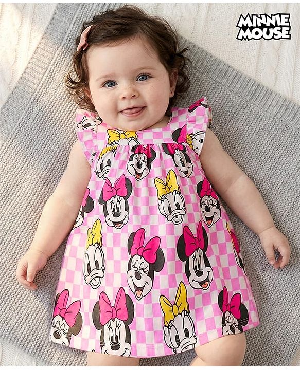 Babyhug Disney Cotton Jersey Knit Frill Sleeves Frock with Bloomer Minnie Mouse Print- Pink