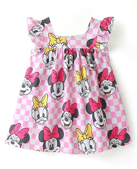 Babyhug Disney Cotton Jersey Knit Frill Sleeves Frock with Bloomer Minnie Mouse Print- Pink