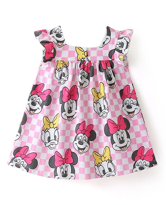 Babyhug Disney Cotton Jersey Knit Frill Sleeves Frock with Bloomer Minnie Mouse Print- Pink
