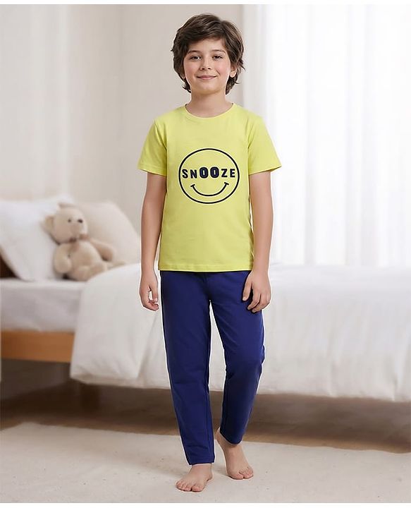 Pine Kids Cotton Knit Half Sleeves Night Suit with Text Print - Lemon & Navy Blue