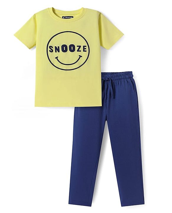 Pine Kids Cotton Knit Half Sleeves Night Suit with Text Print - Lemon & Navy Blue