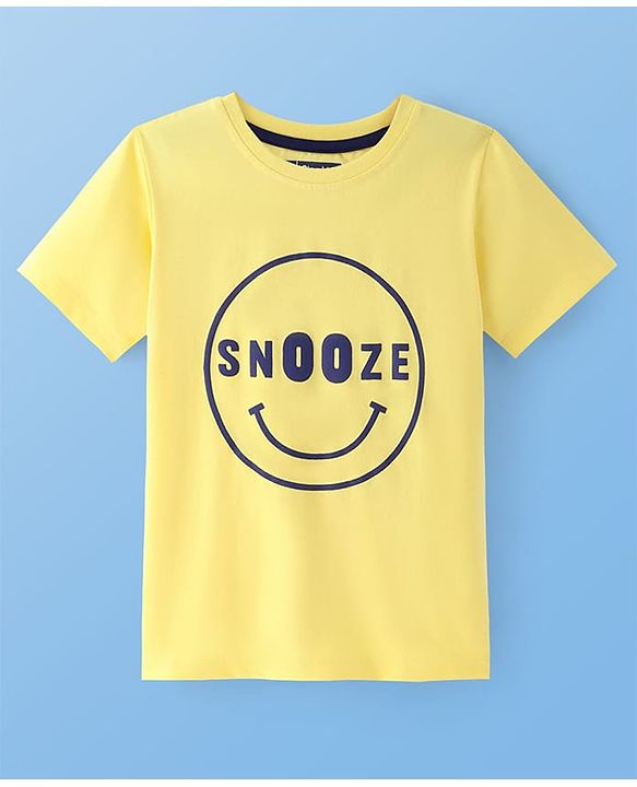 Pine Kids Cotton Knit Half Sleeves Night Suit with Text Print - Lemon & Navy Blue