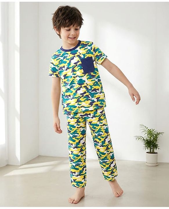 Pine Kids Cotton Knit Half Sleeves Night Suit with Camouflage Print - Navy Peony