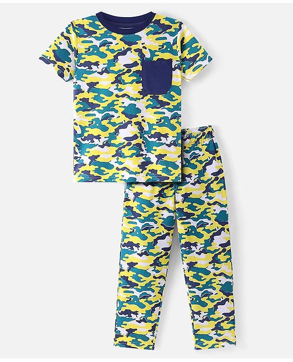 Pine Kids Cotton Knit Half Sleeves Night Suit with Camouflage Print - Navy Peony