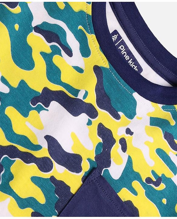 Pine Kids Cotton Knit Half Sleeves Night Suit with Camouflage Print - Navy Peony