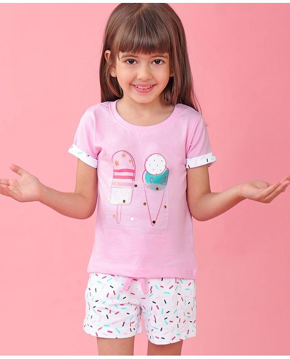 Babyhug Single Jersey Half Sleeves Shorts Night Suit Ice Cream Print - Pink
