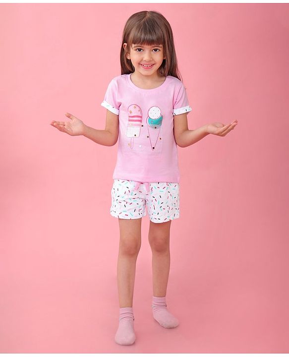 Babyhug Single Jersey Half Sleeves Shorts Night Suit Ice Cream Print - Pink