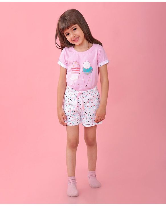 Babyhug Single Jersey Half Sleeves Shorts Night Suit Ice Cream Print - Pink