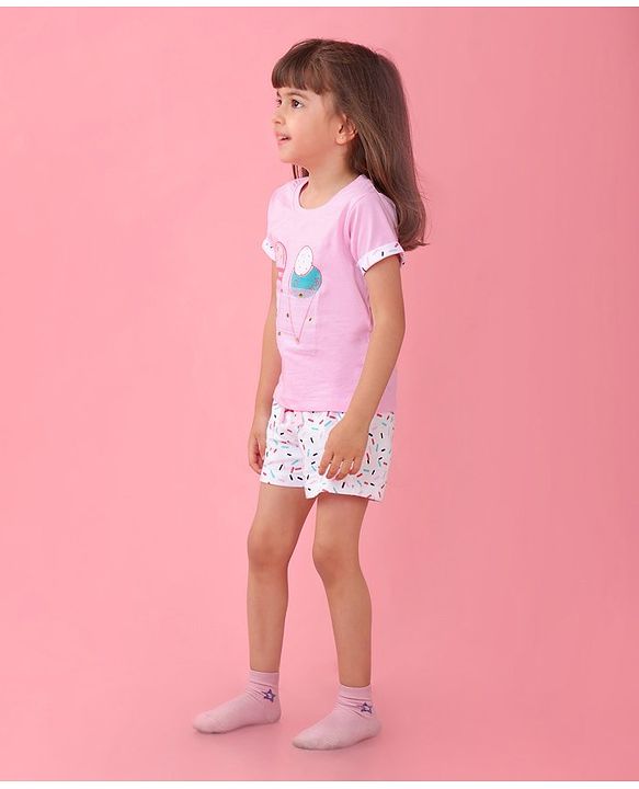 Babyhug Single Jersey Half Sleeves Shorts Night Suit Ice Cream Print - Pink