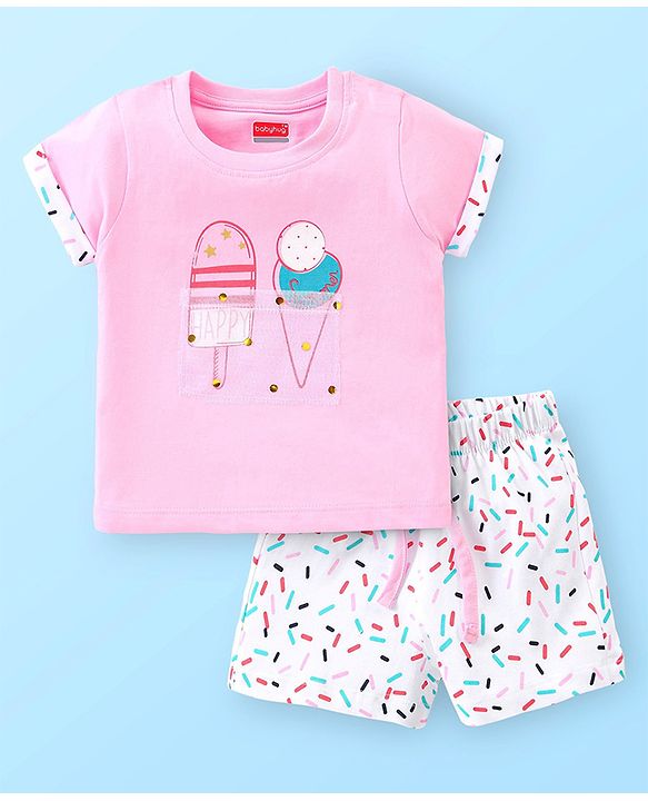 Babyhug Single Jersey Half Sleeves Shorts Night Suit Ice Cream Print - Pink