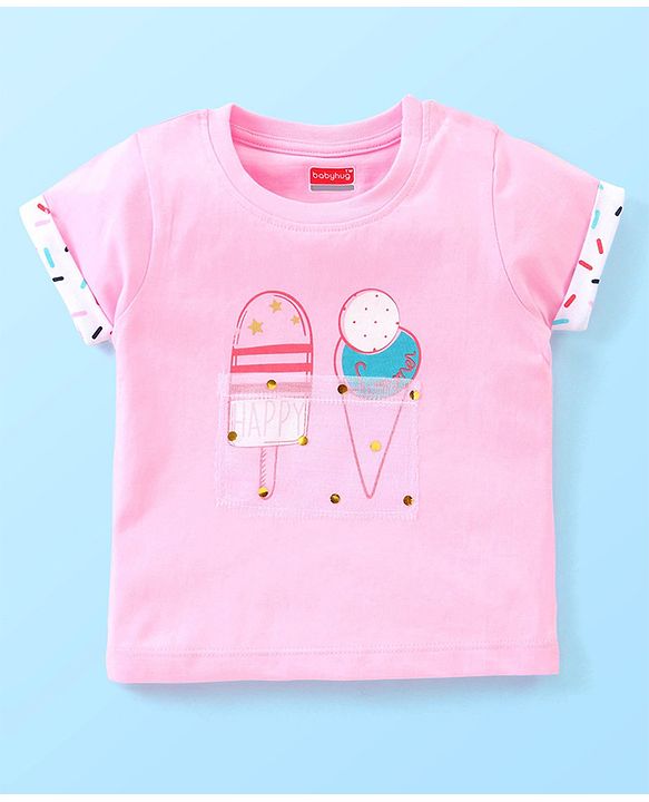 Babyhug Single Jersey Half Sleeves Shorts Night Suit Ice Cream Print - Pink