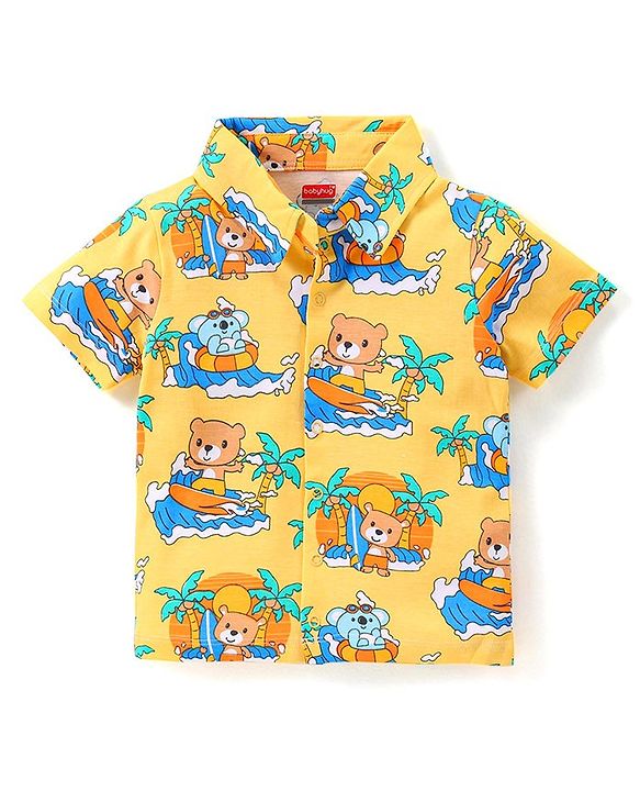Babyhug Single Jersey Half Sleeves Shorts Night Suit Bear Print - Yellow