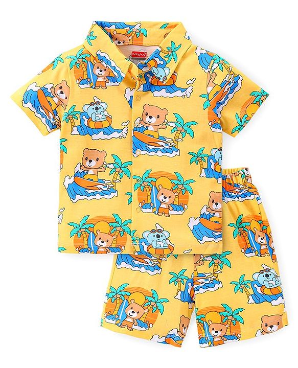 Babyhug Single Jersey Half Sleeves Shorts Night Suit Bear Print - Yellow