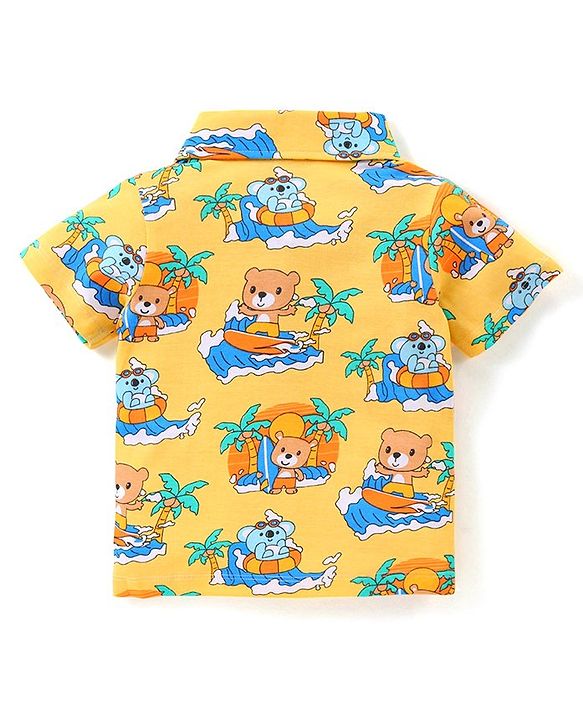 Babyhug Single Jersey Half Sleeves Shorts Night Suit Bear Print - Yellow