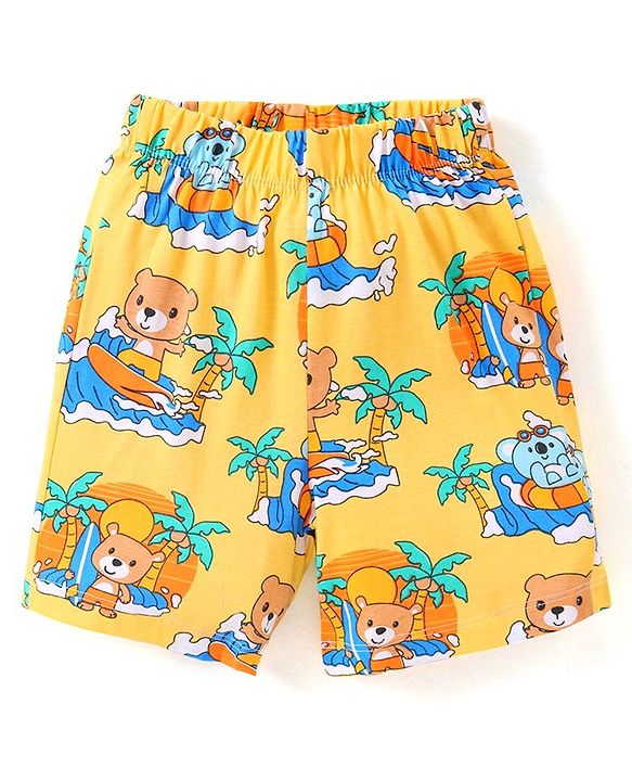 Babyhug Single Jersey Half Sleeves Shorts Night Suit Bear Print - Yellow