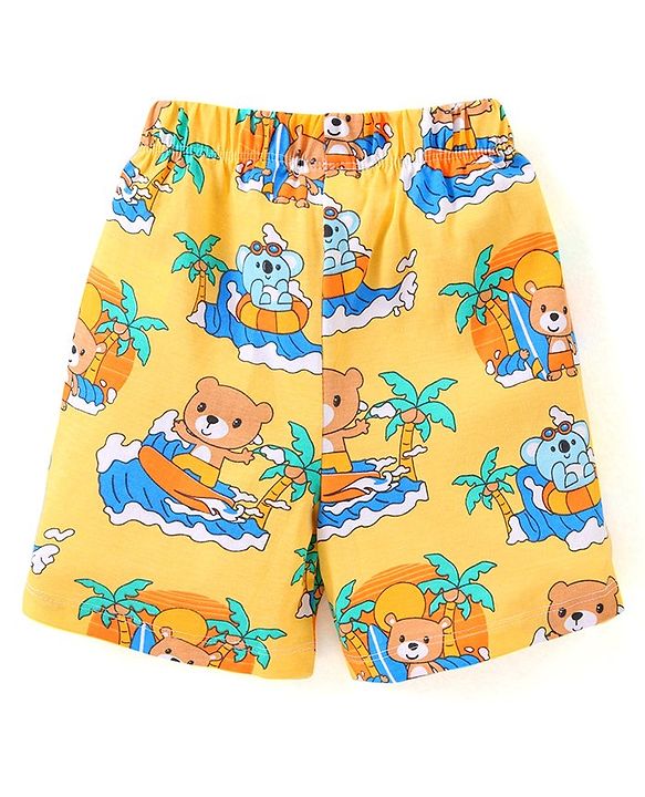 Babyhug Single Jersey Half Sleeves Shorts Night Suit Bear Print - Yellow