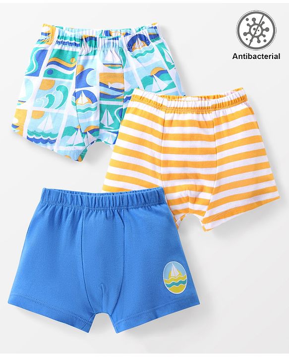Babyhug 100% Cotton Knit Antibacterial Trunk Striped & Boat Print Pack Of 3 - Multicolor