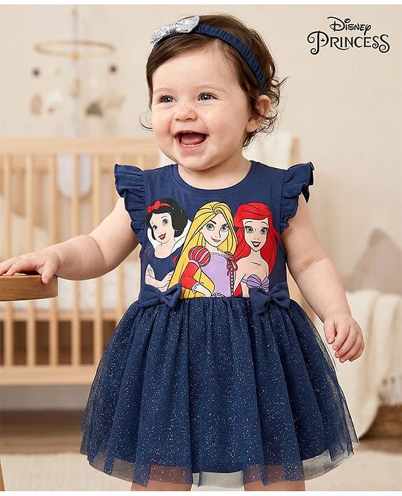 Babyhug Disney Interlock Knit Frill Sleeves Frock Style Onesie with Bow & Head Band Disney Princess Graphics - Navy Blue