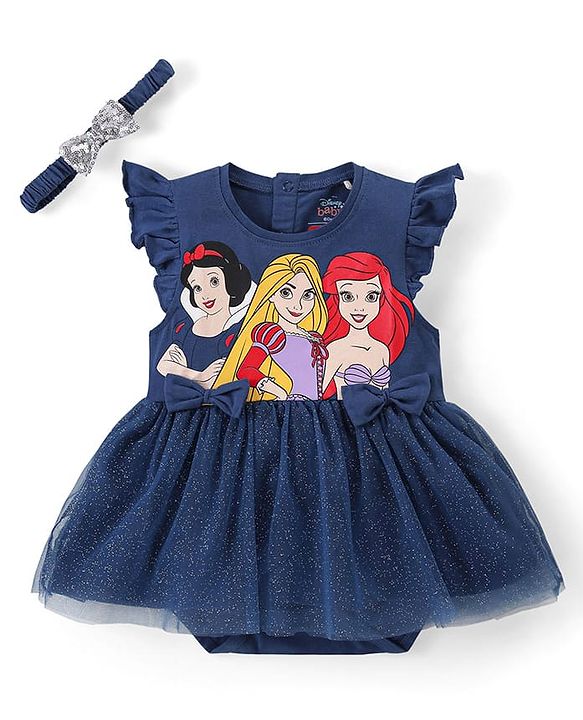 Babyhug Disney Interlock Knit Frill Sleeves Frock Style Onesie with Bow & Head Band Disney Princess Graphics - Navy Blue
