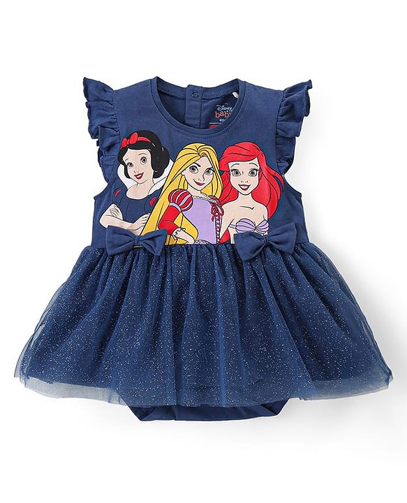 Babyhug Disney Interlock Knit Frill Sleeves Frock Style Onesie with Bow & Head Band Disney Princess Graphics - Navy Blue