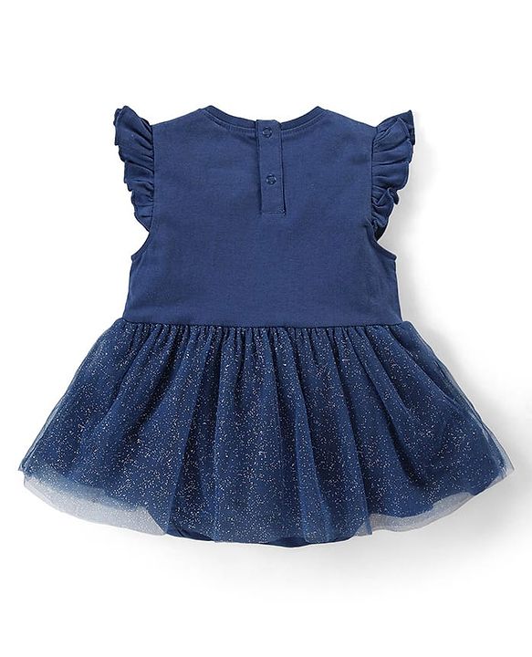 Babyhug Disney Interlock Knit Frill Sleeves Frock Style Onesie with Bow & Head Band Disney Princess Graphics - Navy Blue