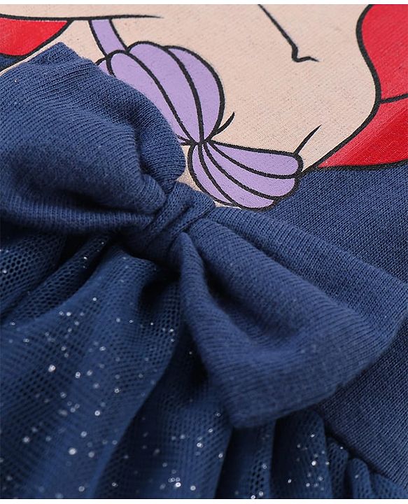 Babyhug Disney Interlock Knit Frill Sleeves Frock Style Onesie with Bow & Head Band Disney Princess Graphics - Navy Blue