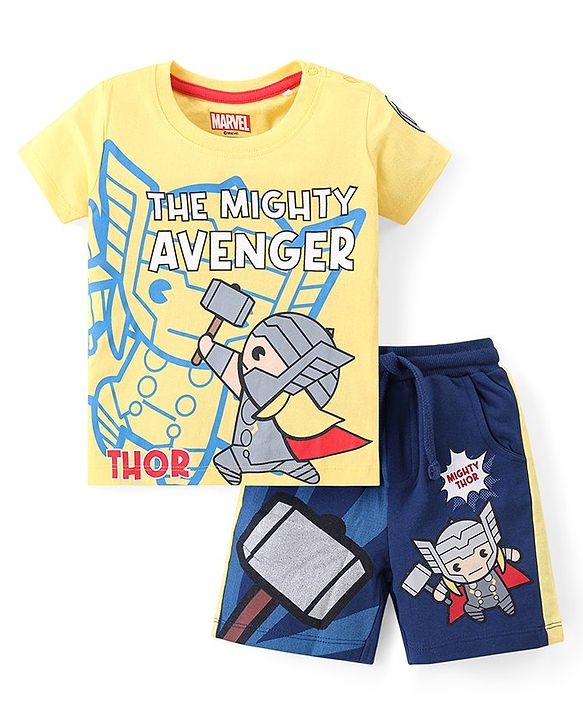 Babyhug Marvel Cotton Knit Half Sleeves T-Shirt & Shorts Set With Thor Graphics - Yellow & Blue
