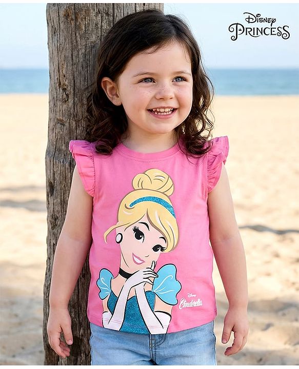 Babyhug Disney Cotton Frill Sleeves Top With Disney Princess Graphics - Pink