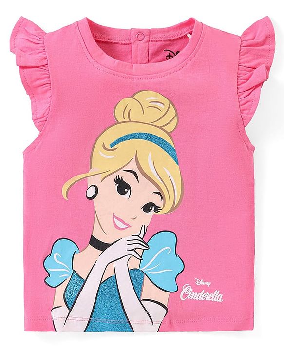 Babyhug Disney Cotton Frill Sleeves Top With Disney Princess Graphics - Pink