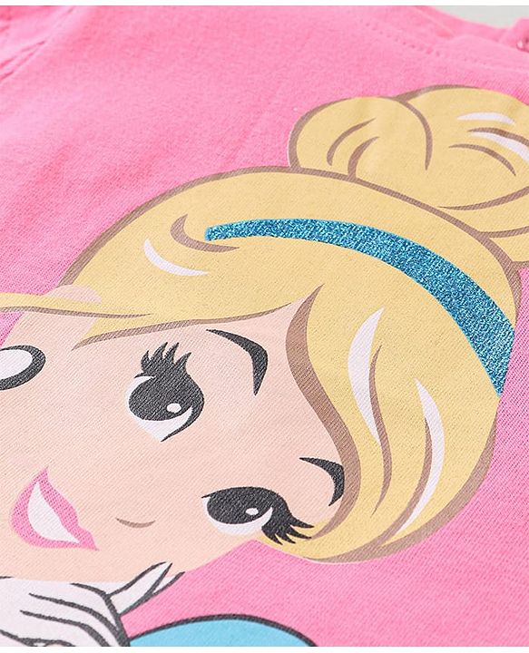 Babyhug Disney Cotton Frill Sleeves Top With Disney Princess Graphics - Pink