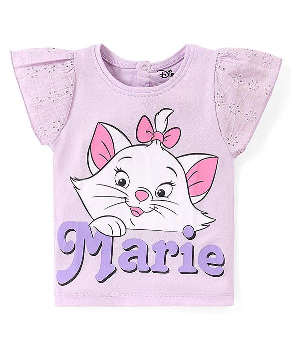 Babyhug Disney Cotton Top With Schiffli Sleeves Aristocats Marie Graphics - Lavender