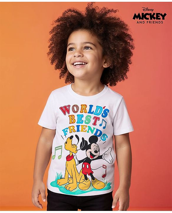 Babyhug Disney Cotton Knit Half Sleeves T-Shirt  with Mickey Mouse Graphics - White
