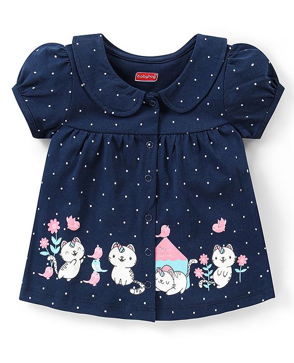Babyhug Cotton Knit Half Sleeves Night Suit With Cat Print - Navy
