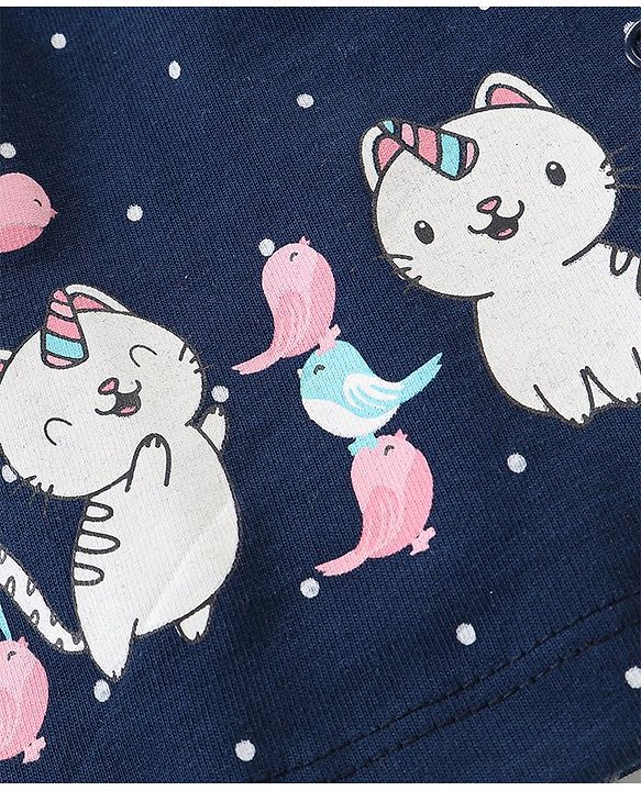 Babyhug Cotton Knit Half Sleeves Night Suit With Cat Print - Navy