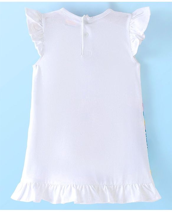Babyhug Cotton Flutter Sleeves Nighty With Unicorn And Rainbows Print - White