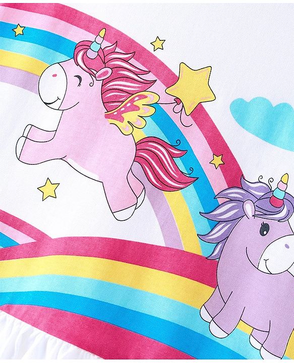 Babyhug Cotton Flutter Sleeves Nighty With Unicorn And Rainbows Print - White