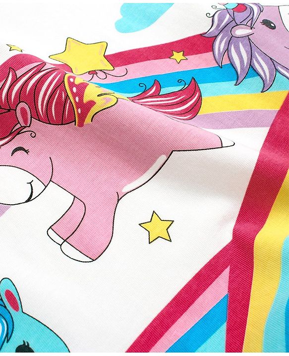 Babyhug Cotton Flutter Sleeves Nighty With Unicorn And Rainbows Print - White