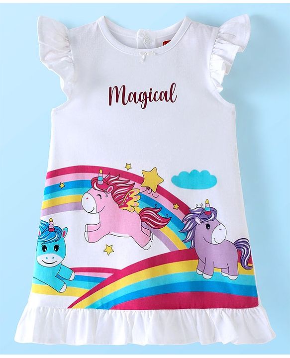 Babyhug Cotton Flutter Sleeves Nighty With Unicorn And Rainbows Print - White