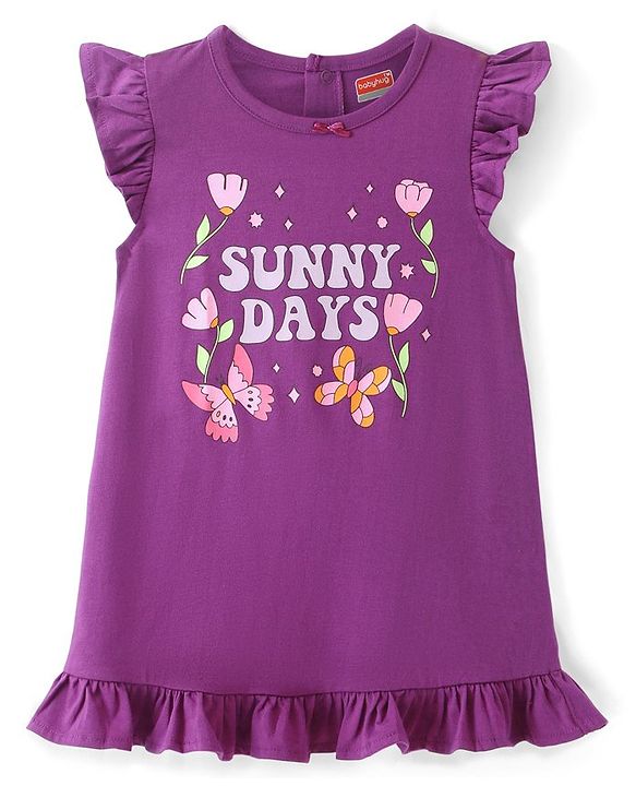 Babyhug Cotton Knit Flutter Sleeves Nighty With Floral Print - Purple