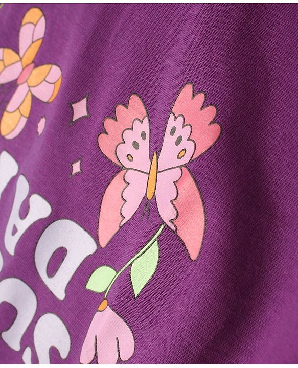 Babyhug Cotton Knit Flutter Sleeves Nighty With Floral Print - Purple