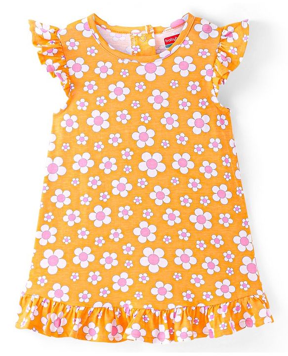 Babyhug Cotton Knit Single Jersey Frill Sleeves Nighty With Floral Print - Orange