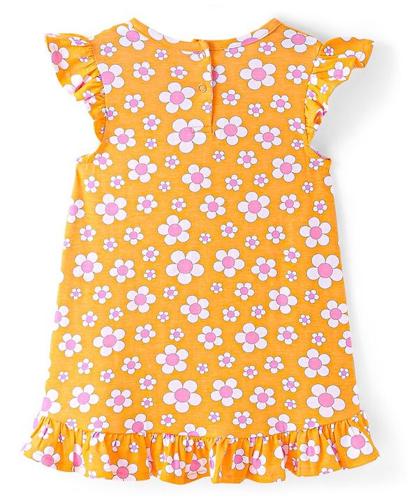Babyhug Cotton Knit Single Jersey Frill Sleeves Nighty With Floral Print - Orange