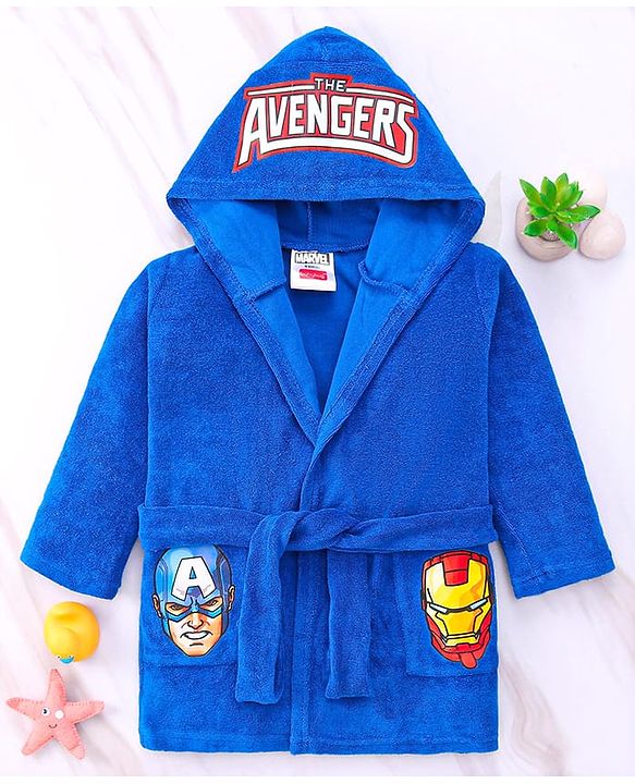 Babyhug Marvel Terry Knit Full Sleeves Hooded Bath Robe With  Pockets & Avengers Graphics - Blue