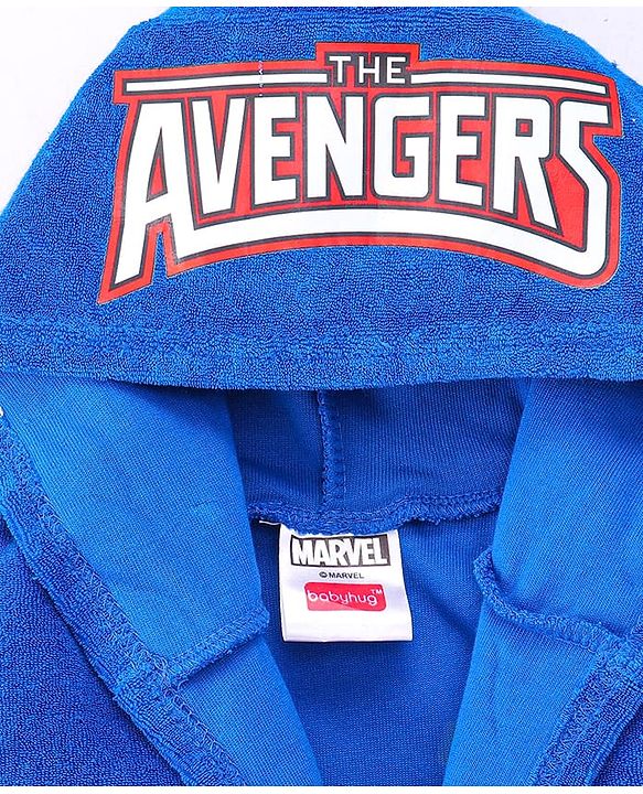 Babyhug Marvel Terry Knit Full Sleeves Hooded Bath Robe With  Pockets & Avengers Graphics - Blue