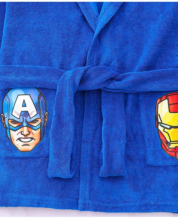 Babyhug Marvel Terry Knit Full Sleeves Hooded Bath Robe With  Pockets & Avengers Graphics - Blue