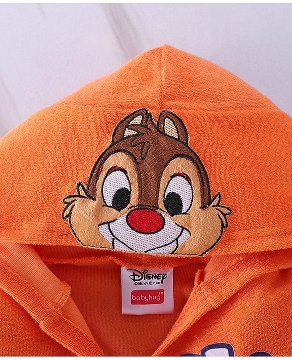 Babyhug Disney Terry Knit Hooded Full Sleeves Bath Robe With Pockets and Chip N Dale Graphics - Orange