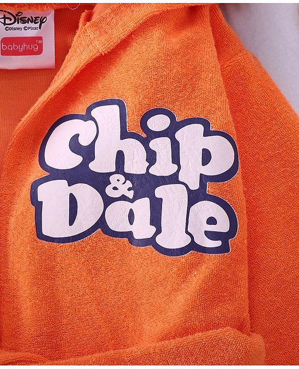 Babyhug Disney Terry Knit Hooded Full Sleeves Bath Robe With Pockets and Chip N Dale Graphics - Orange