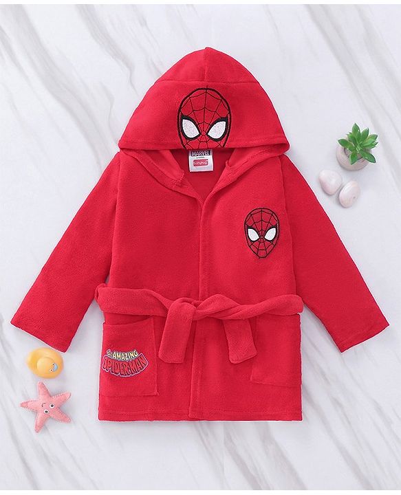 Babyhug Marvel  Terry Knit Hooded Full Sleeves Bath Robe With Pockets and Spider-Man Graphics - Red